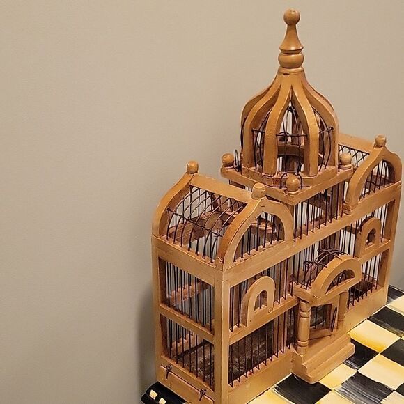 Vtg Wooden Birdcage Victorian Domed Cathedral Taj Mahal Door bird cage Wood boho - Picture 6 of 16